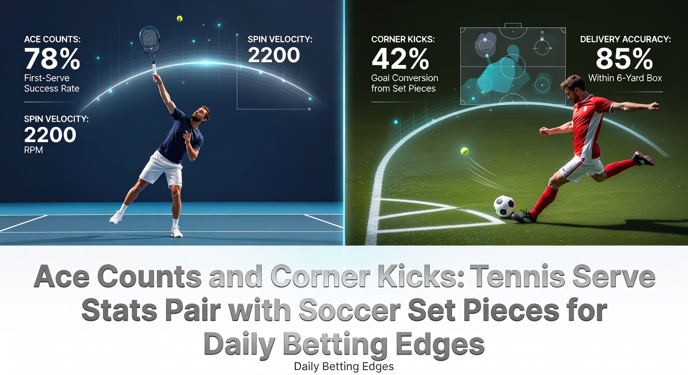 Tennis server launching a powerful ace during a high-stakes match, with soccer players preparing a corner kick in the background