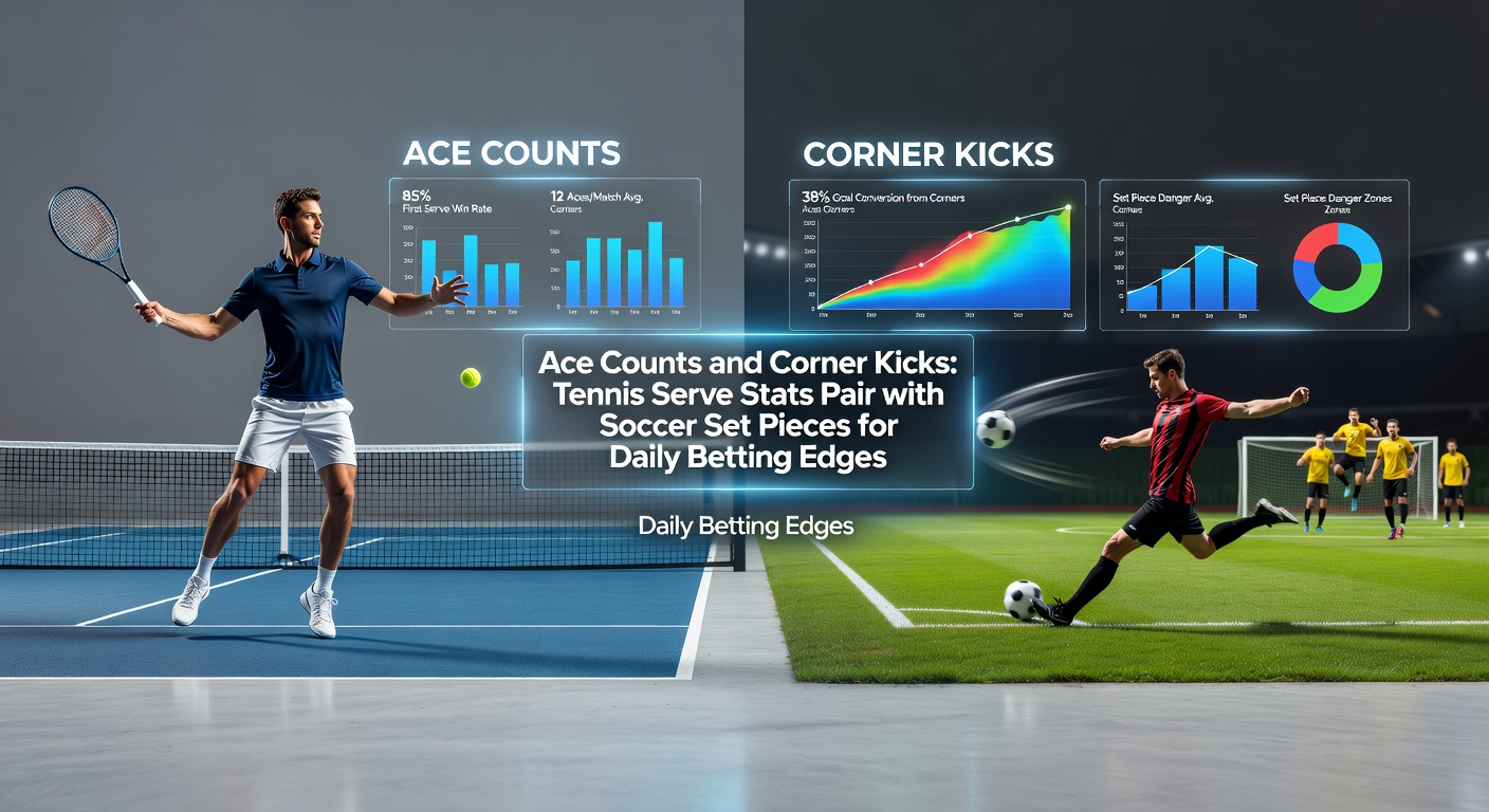 Soccer team executing a precise corner kick routine, overlayed with tennis ace stat charts highlighting serve dominance