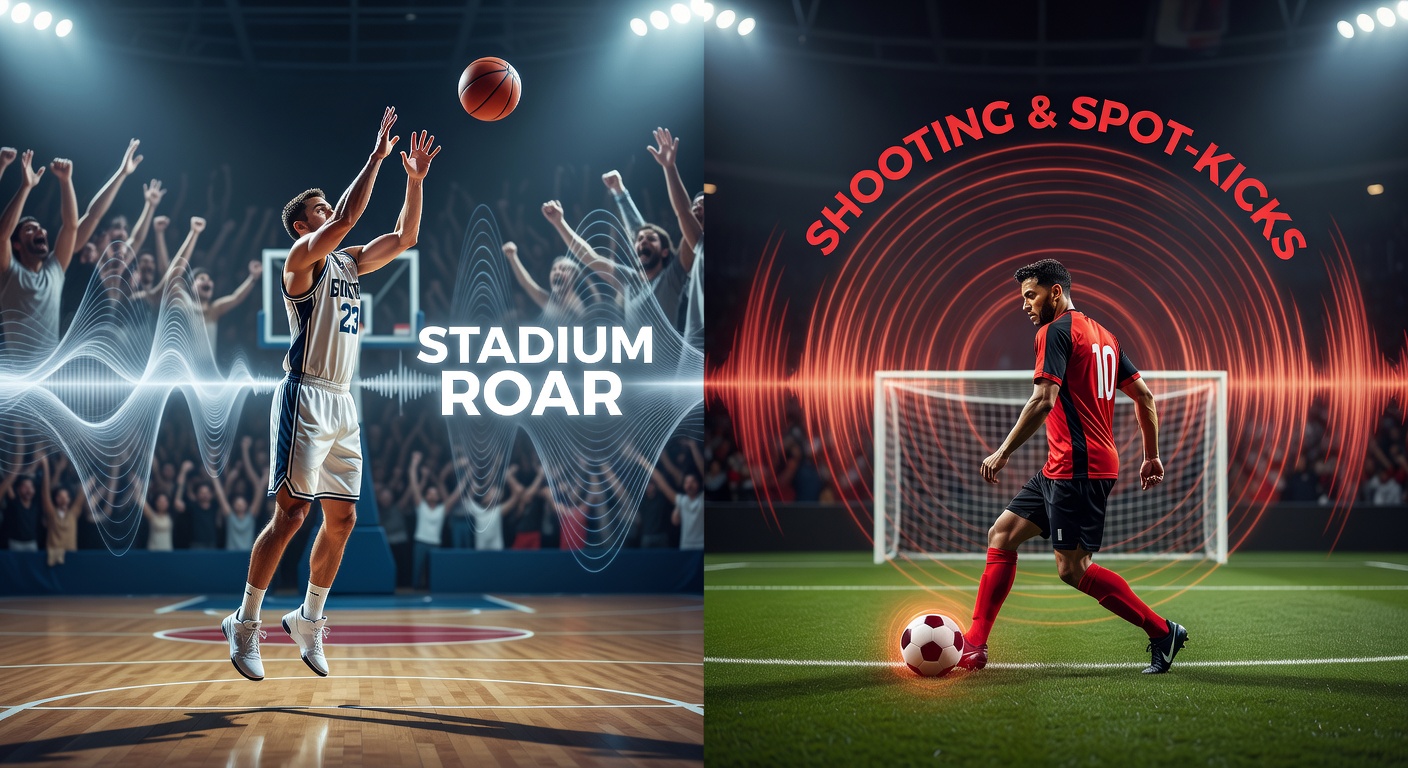 Packed basketball arena with fans roaring during a tense free-throw attempt, lights flashing and crowd in frenzy