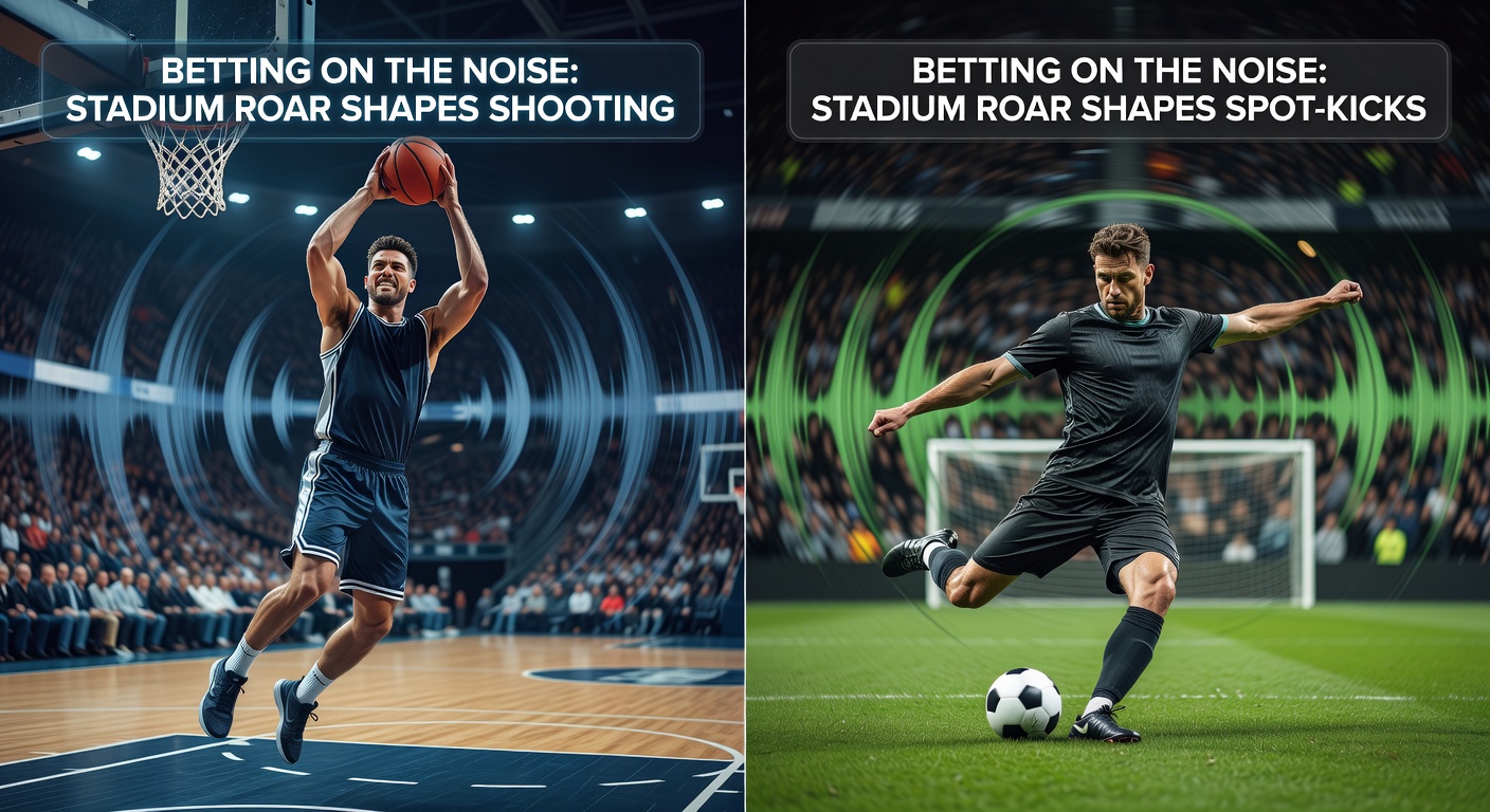 Soccer penalty kick in a roaring stadium, taker stepping up amid waving flags and deafening chants from the stands