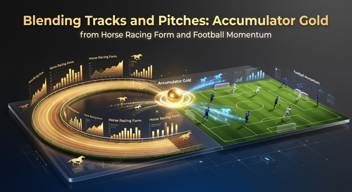 Horse racing track merging visually with a football pitch, symbolizing blended betting strategies for accumulators