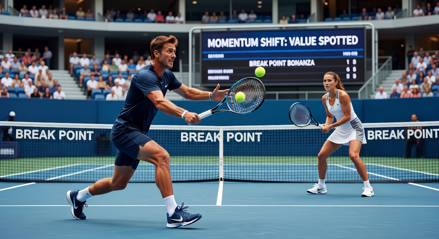 Tennis player lunging for a return during a tense break point on clay court, capturing the intensity of a momentum shift