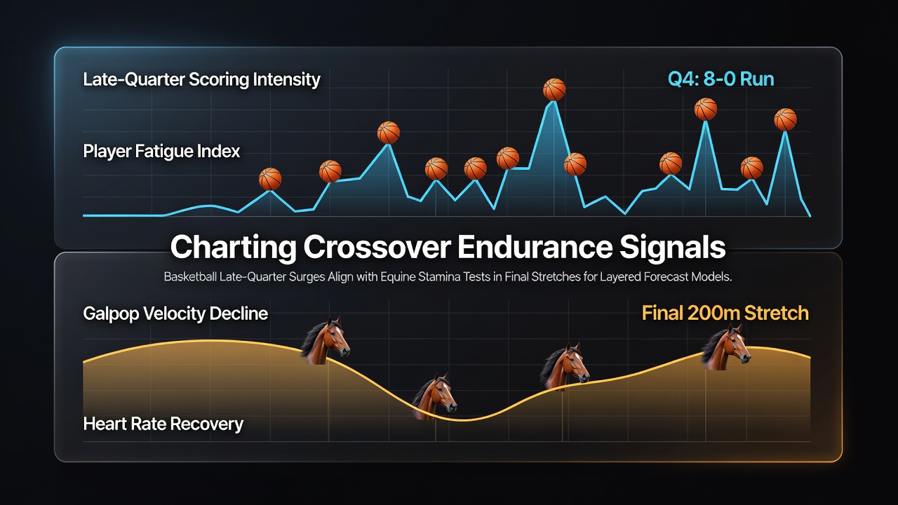 Basketball players executing late-quarter surges on the court alongside horse racing final stretch endurance visuals