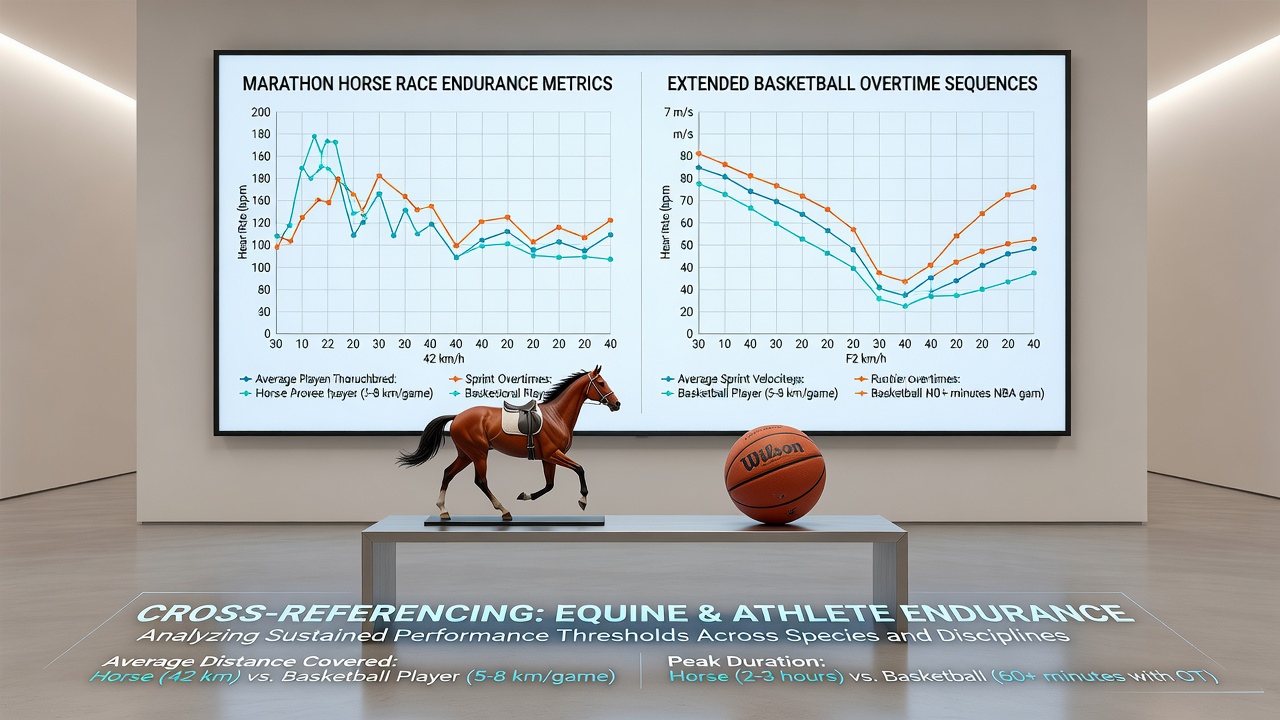 Comparison infographic of horse race final furlong data alongside basketball overtime fatigue statistics
