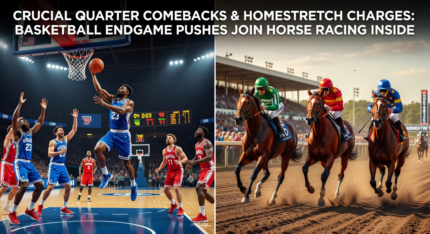 Thoroughbreds charging from inside post positions during a dramatic homestretch surge at a major racetrack