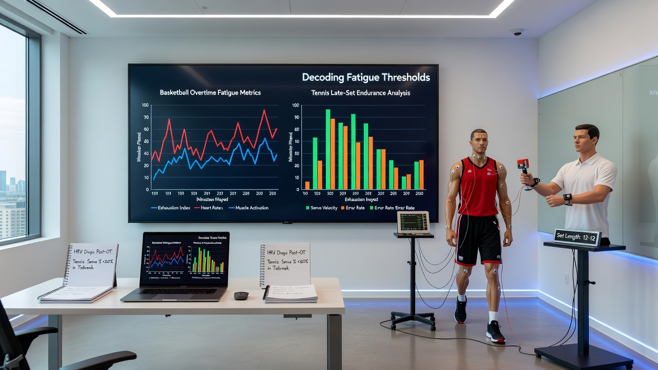 Tennis player during long match in late set with visible exertion and court-side data overlays