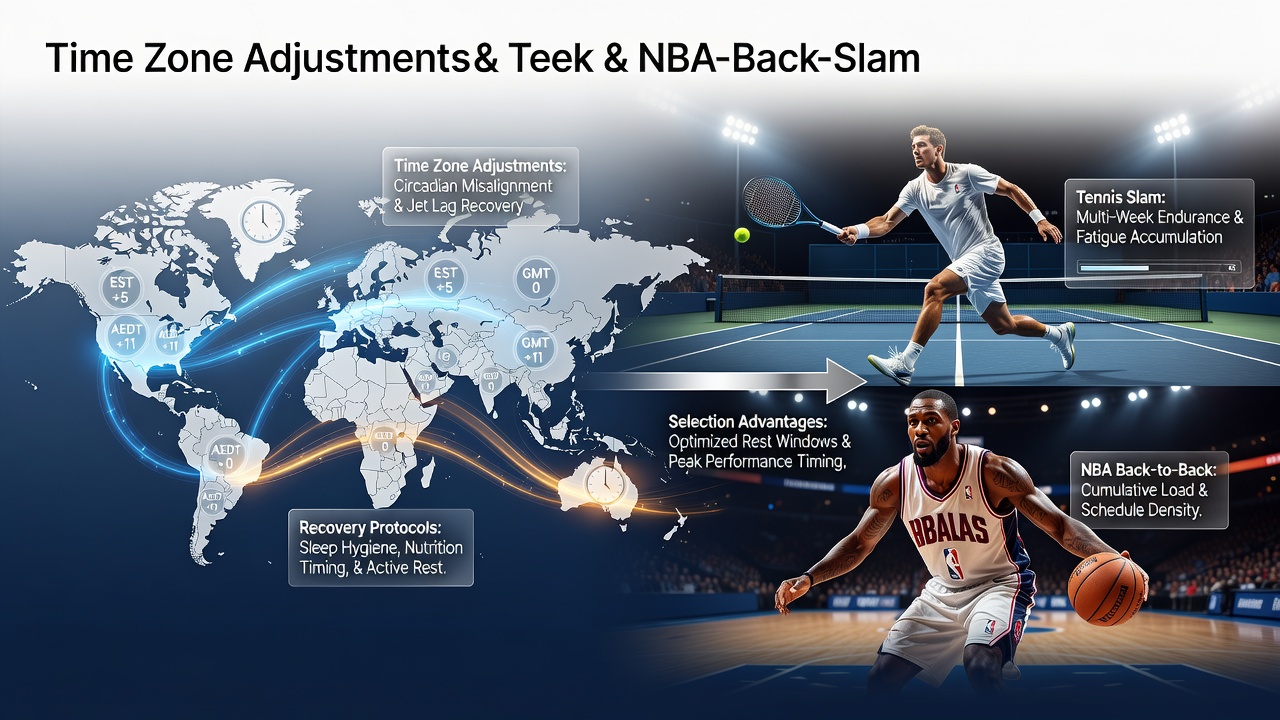 Tennis player adjusting to time zones during a Grand Slam tournament while NBA schedule considerations play out in the background