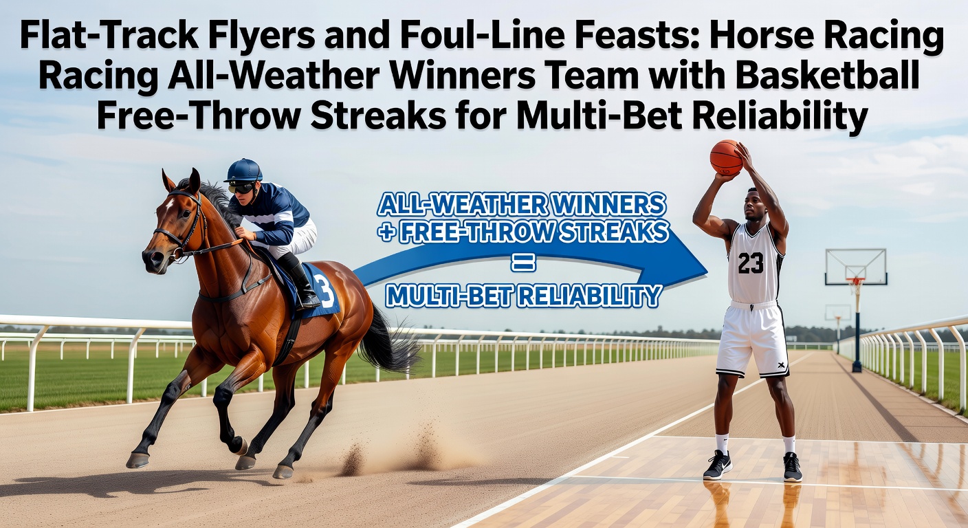 A sleek all-weather horse racing track under lights with a basketball player sinking a free throw in the foreground, symbolizing the blend of racing reliability and foul-line precision