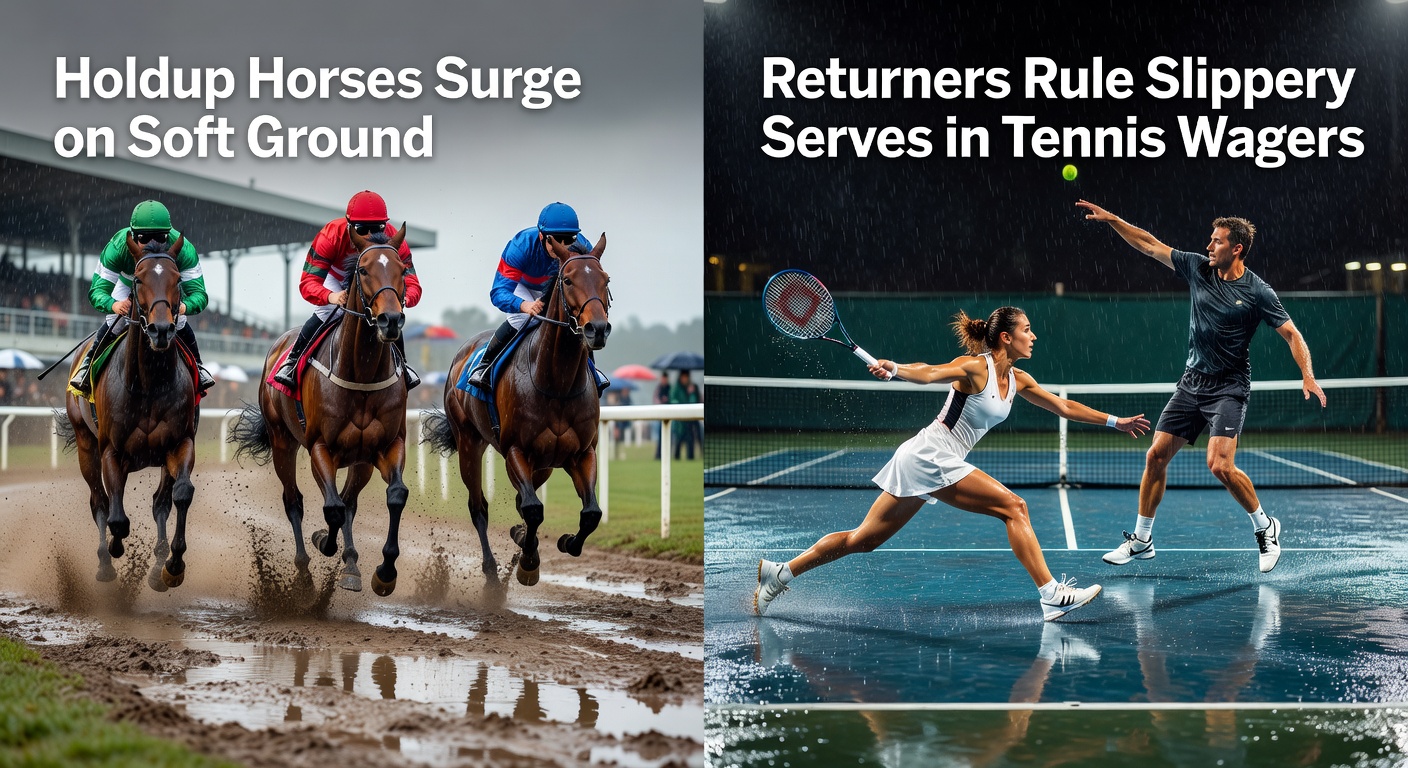 A rain-soaked horse racing track with horses navigating soft turf during a downpour, highlighting the challenges and advantages for holdup runners