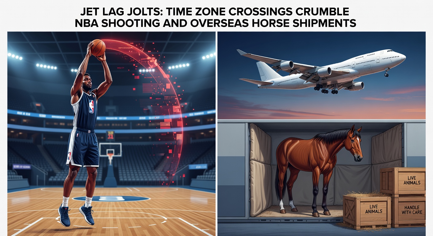 NBA player shooting a basket under bright arena lights while a world map highlights time zone crossings in the background