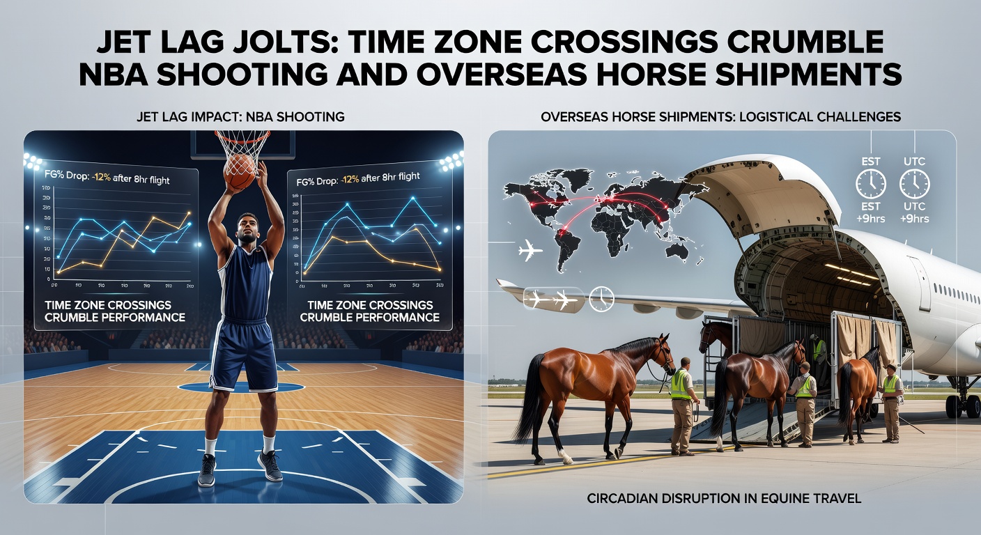Horse being unloaded from an international flight at a racetrack stable, with jet lag indicators like clocks showing time differences overlaid
