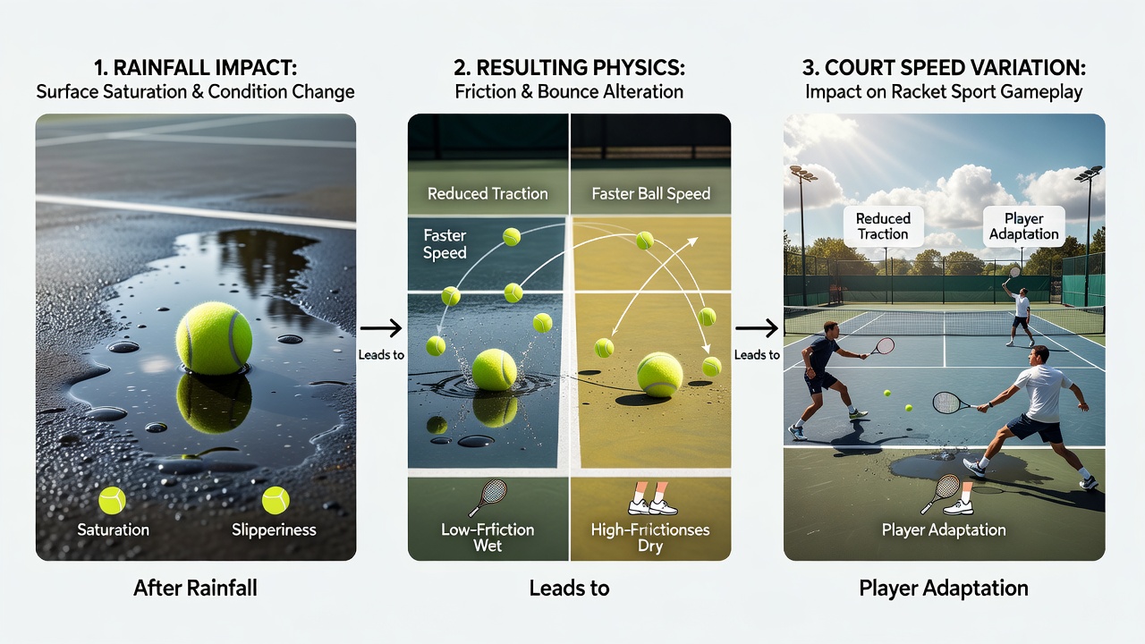 Side-by-side comparison of dry versus post-rainfall tennis court sections highlighting speed and bounce differences