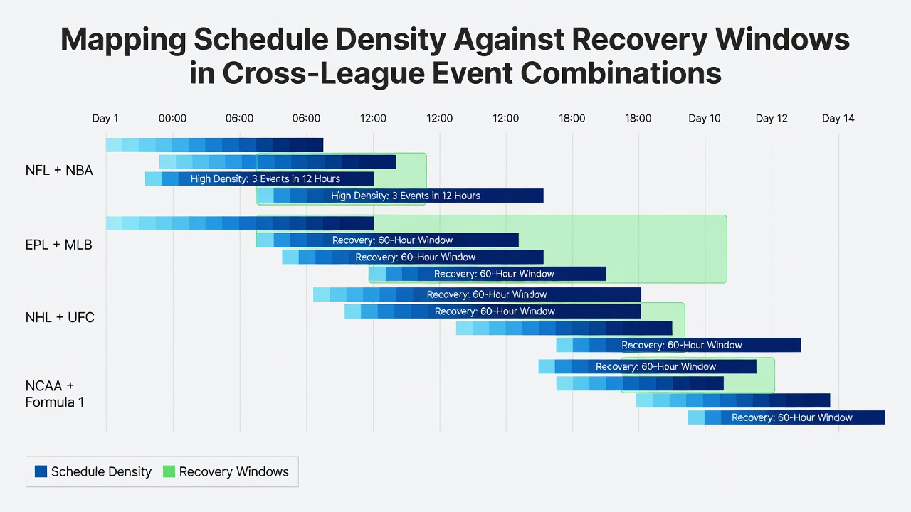 Detailed chart showing recovery window overlaps in combined football, tennis, and basketball schedules for 2026