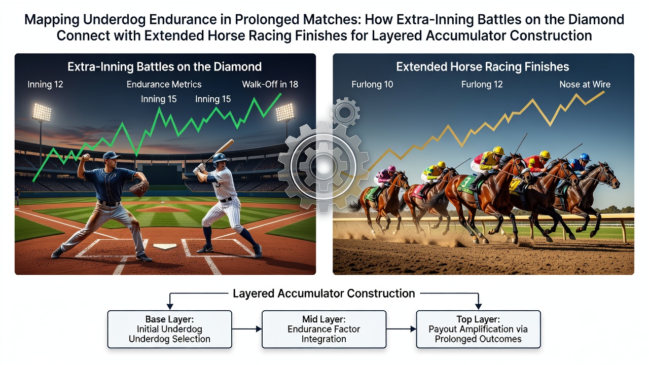 Baseball diamond under lights with players in extra innings and distant horse racing track overlay showing late race surge