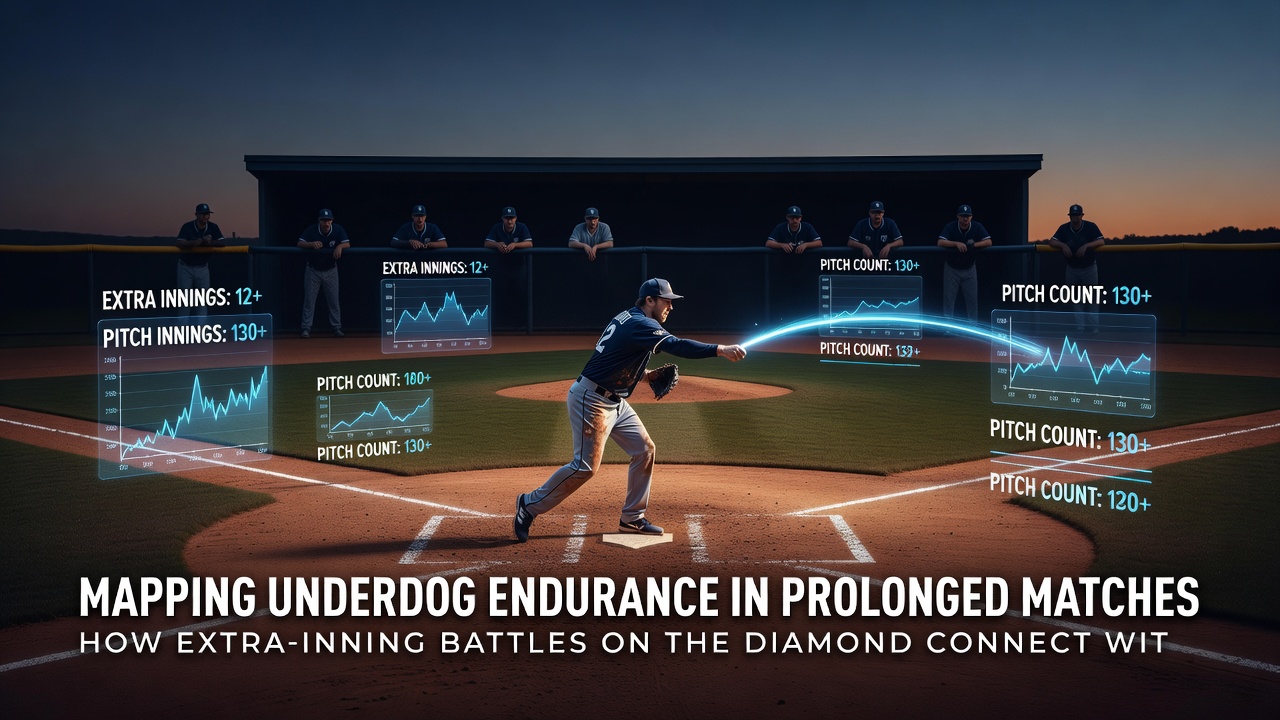 Thoroughbreds approaching the finish line in a long-distance race with underdog horse gaining ground alongside baseball extra-inning highlight graphic