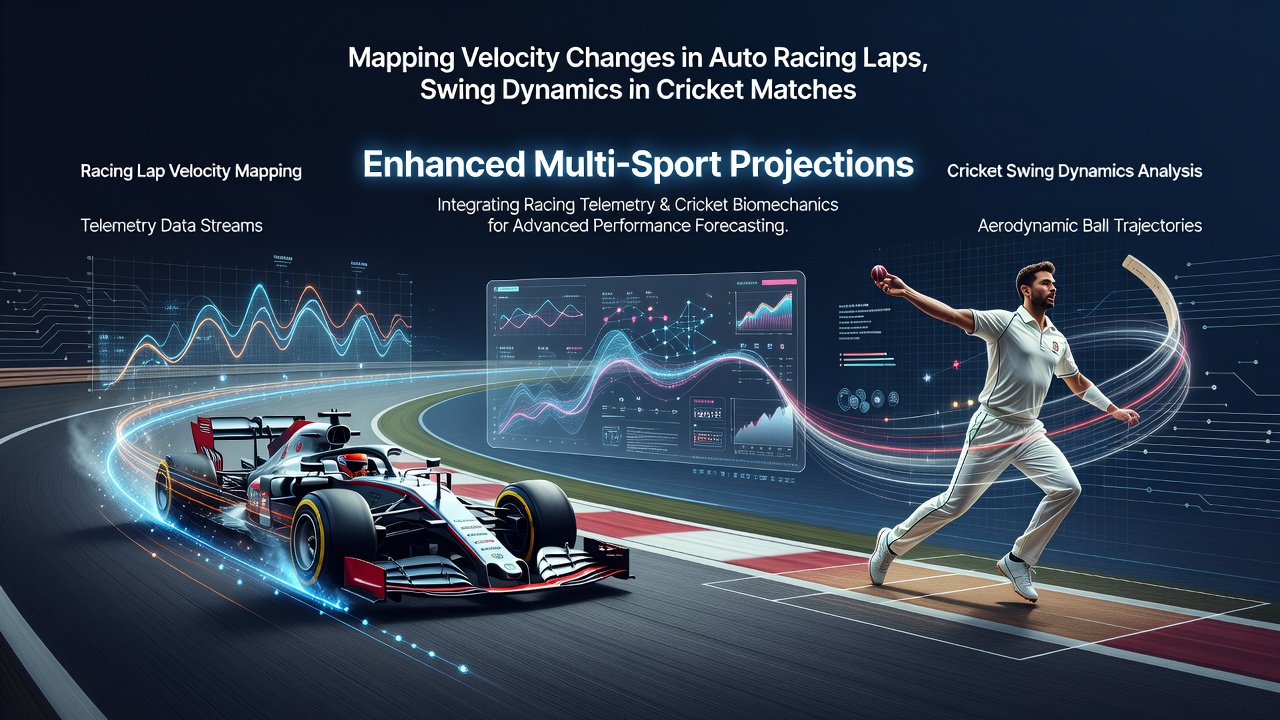 Data visualization showing velocity shifts across racing laps alongside cricket swing path analysis