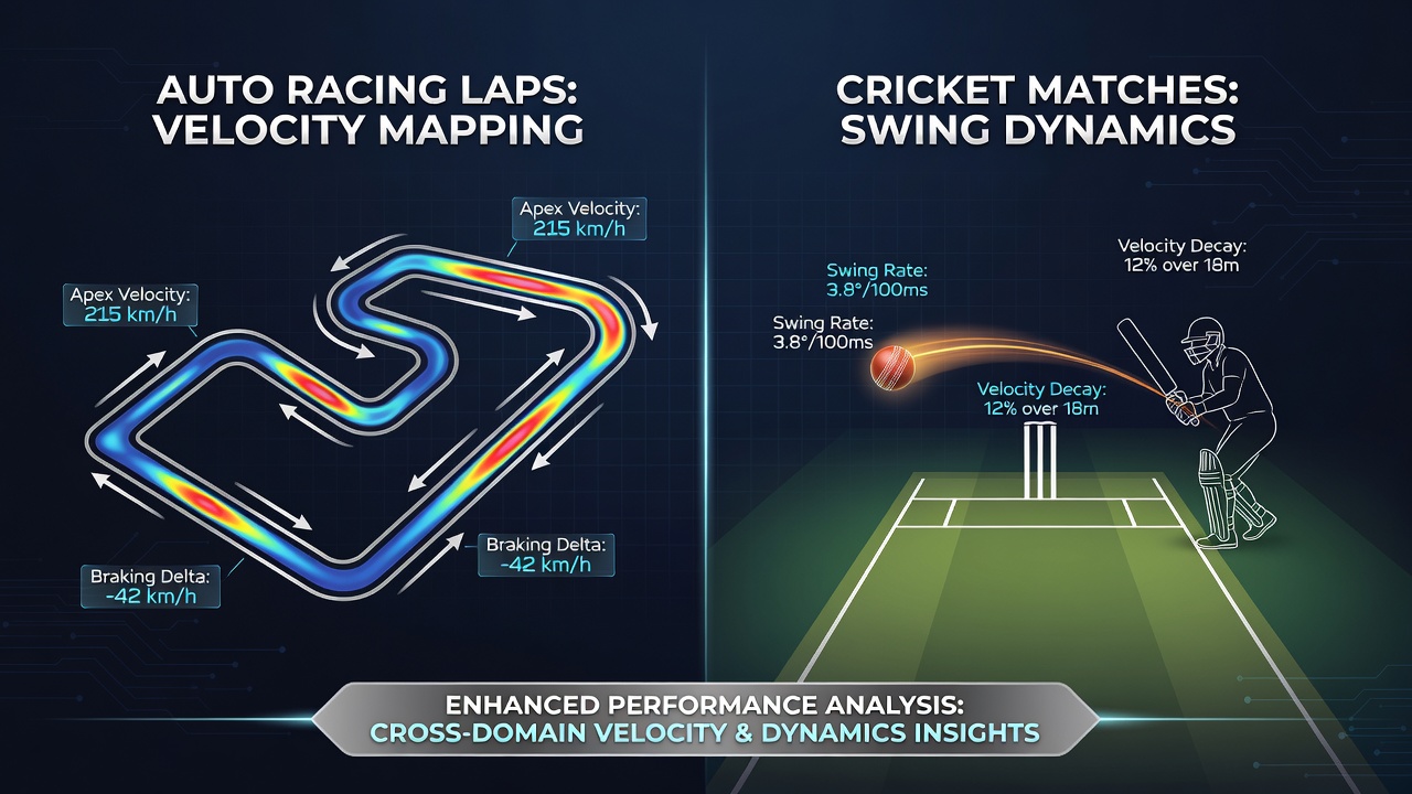 Overlay chart comparing normalized velocity curves from motorsport laps with bat swing velocity profiles from cricket