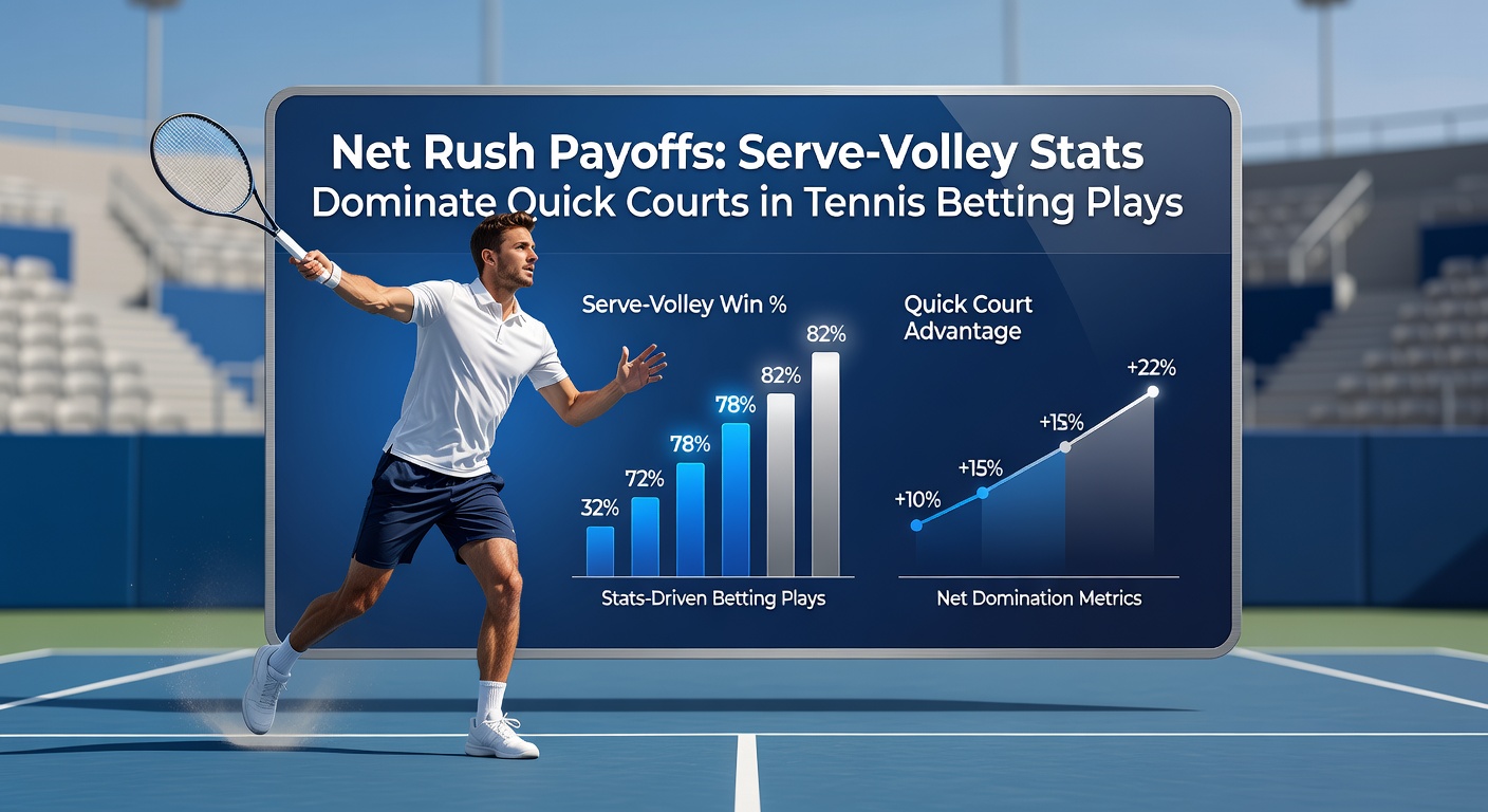 A tennis player executing a serve-volley on a fast grass court, net rushing aggressively during a high-stakes match
