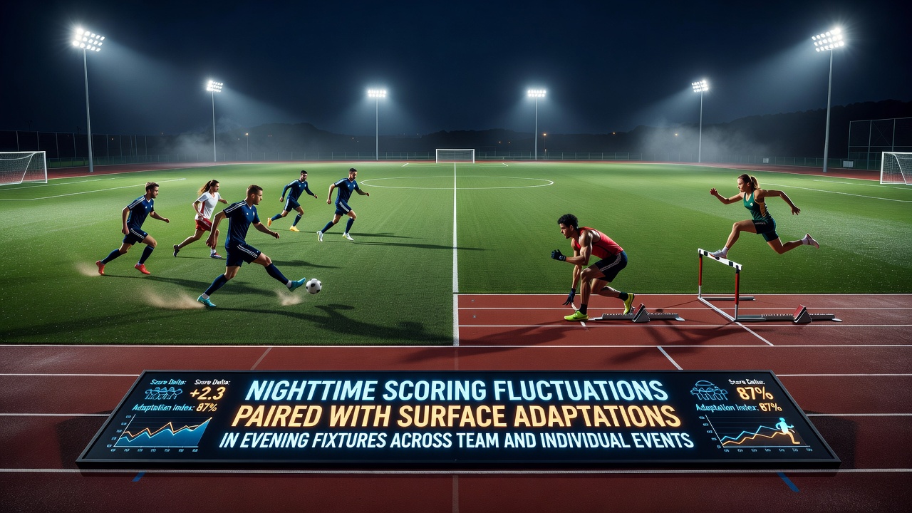 Evening sports fixtures showing nighttime lighting effects on playing surfaces and athlete performance in team and individual events