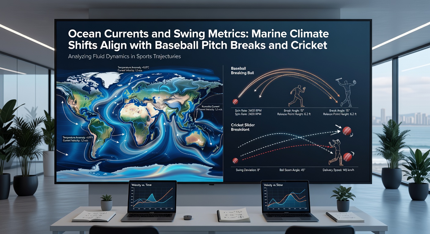 Data visualization showing correlation between ocean temperature gradients and evening ball movement statistics in baseball and cricket