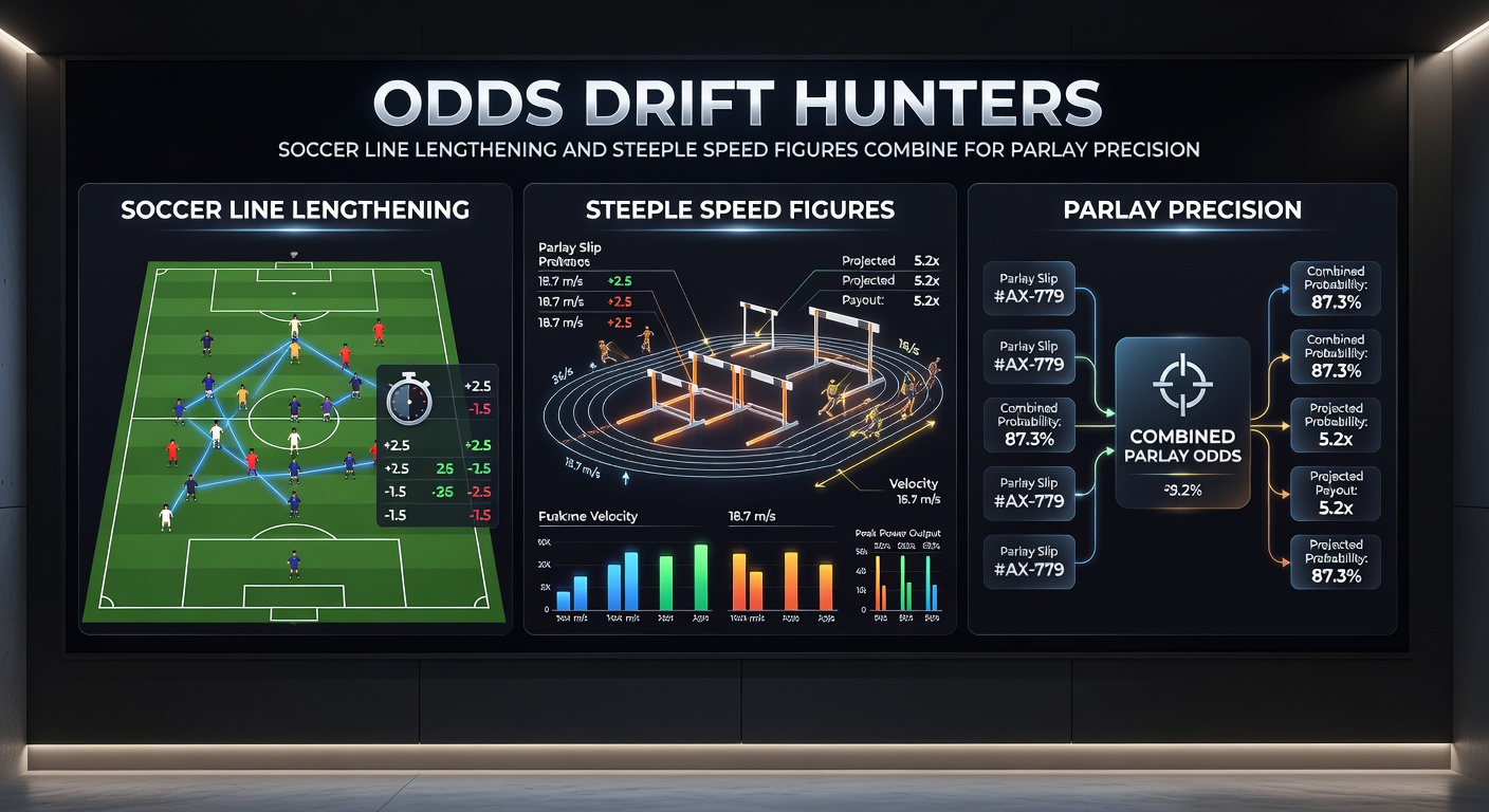 Split-image of a soccer pitch with lengthening odds overlay and a steeplechase horse mid-jump with speed figure annotations