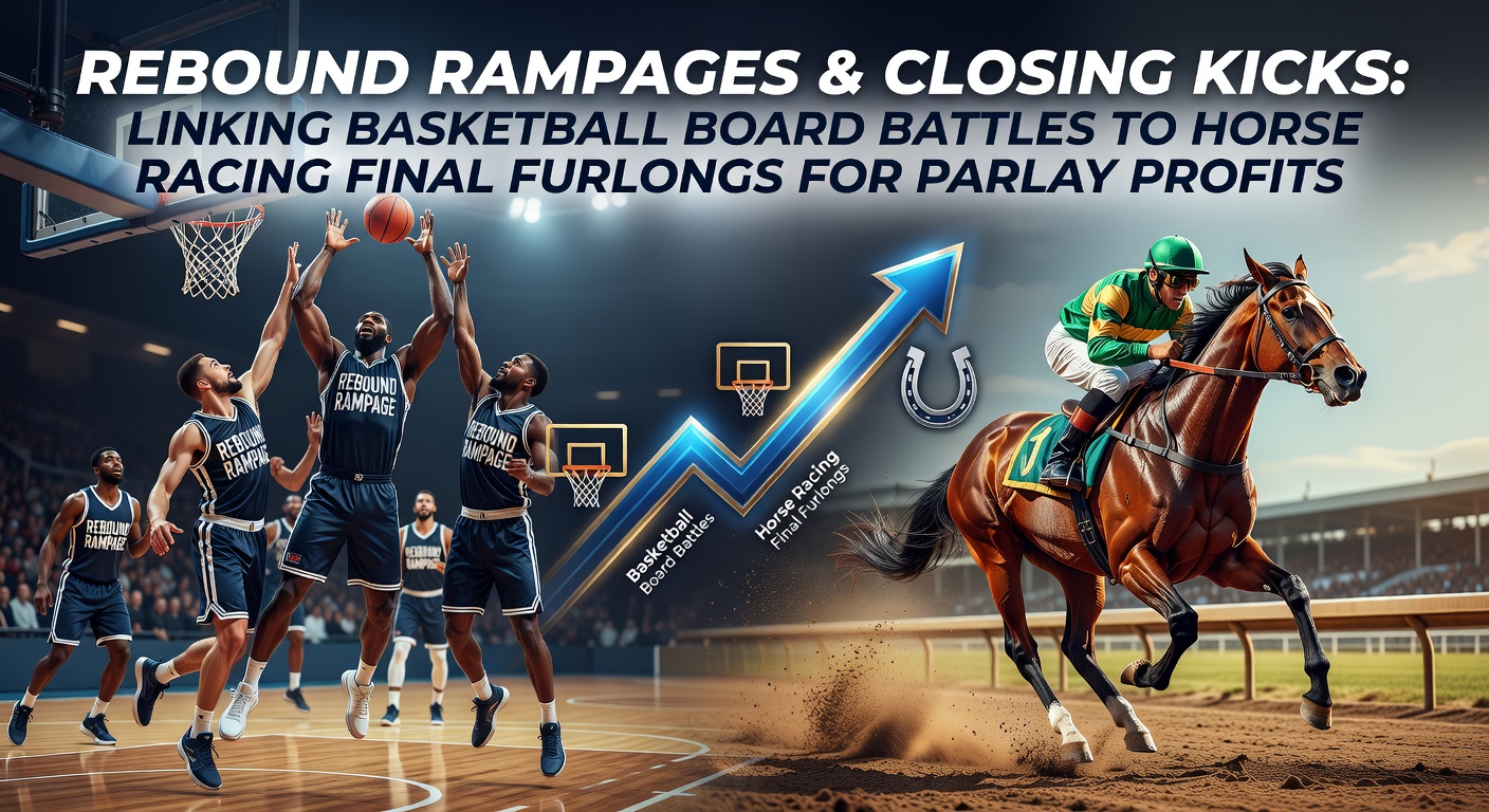 Dynamic action shot of a basketball player battling for a rebound under the hoop alongside a horse surging in the final furlong of a race
