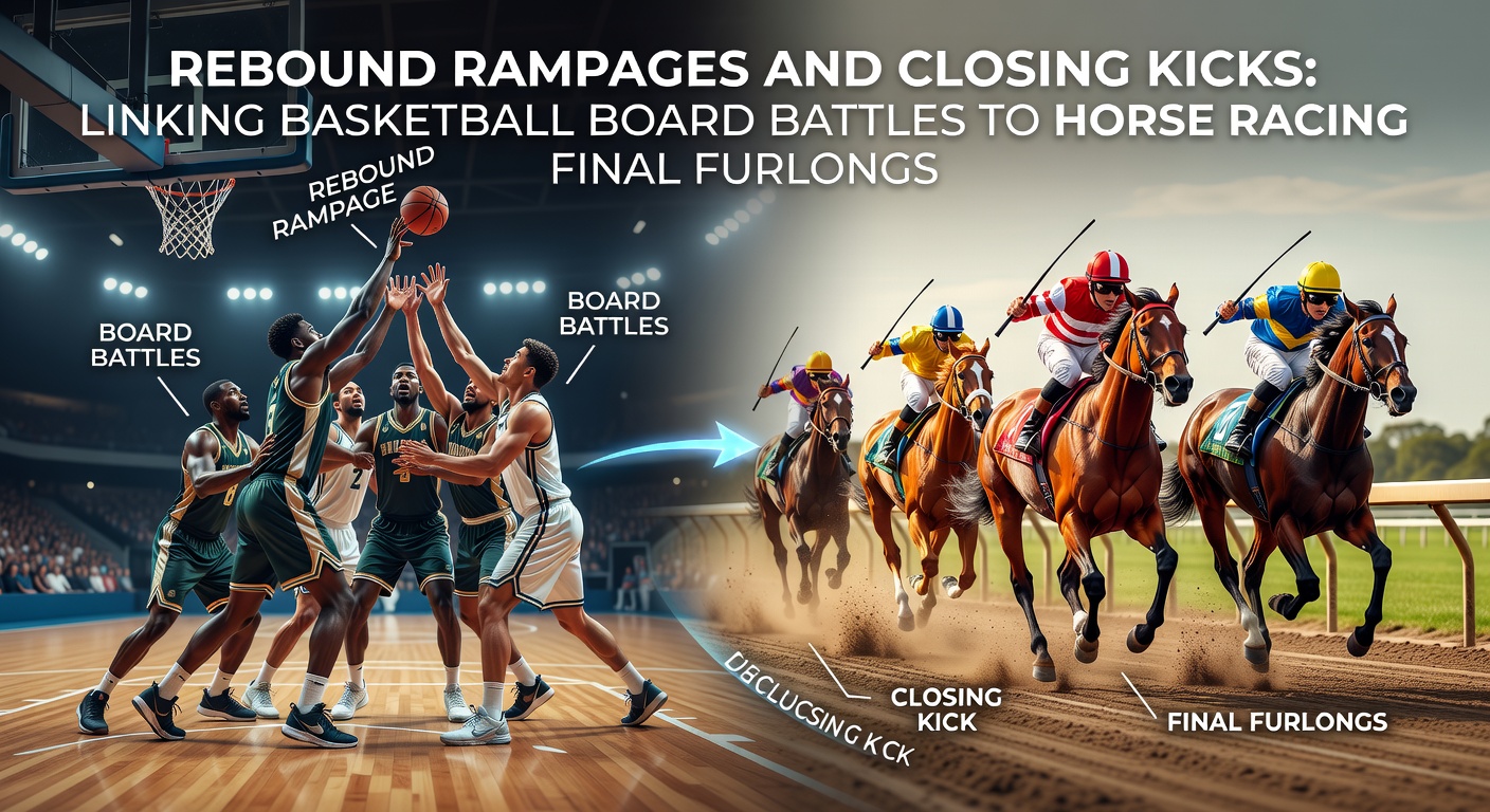 Close-up of basketball rebounds clashing with a horse powering through the stretch, illustrating momentum parallels