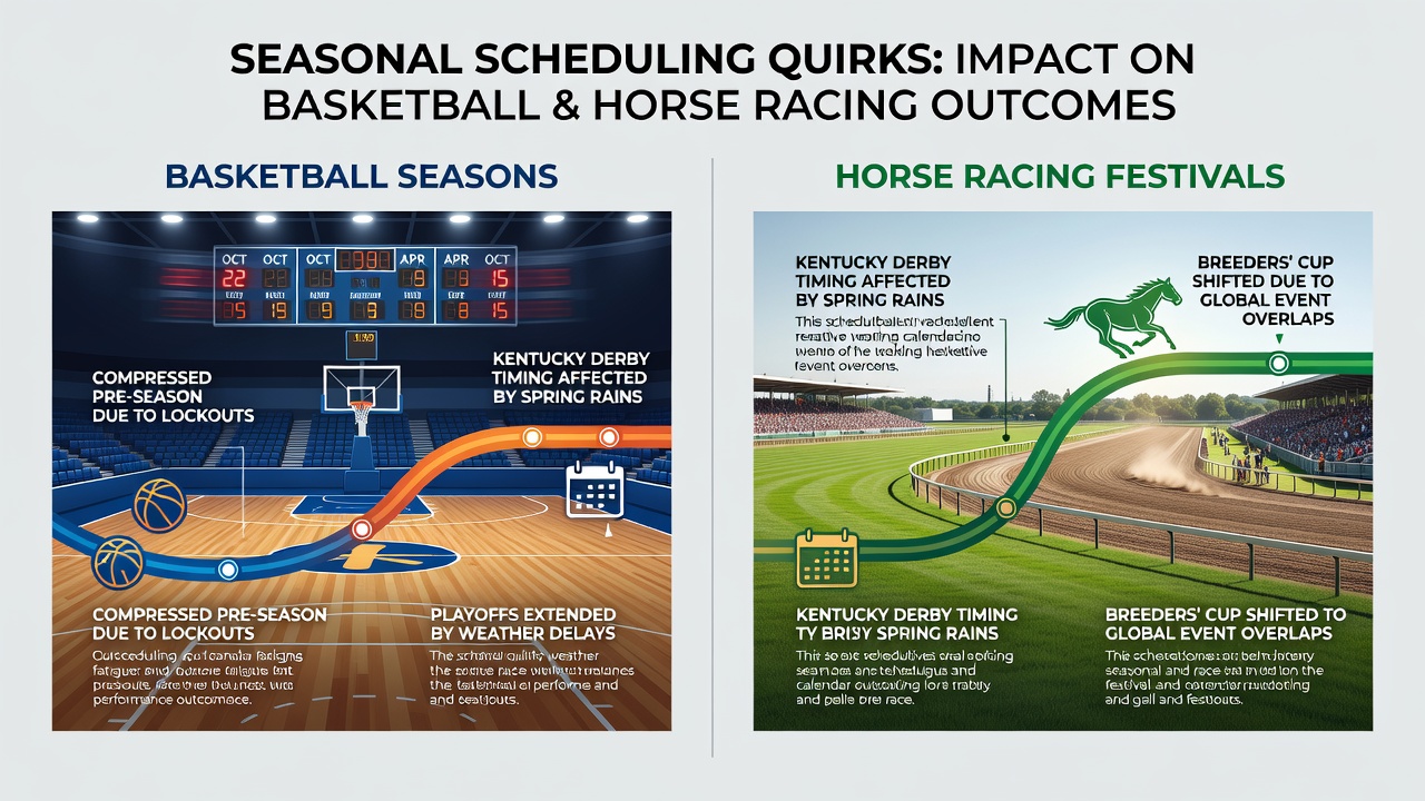 Horse racing festival crowd and basketball arena during playoff scheduling