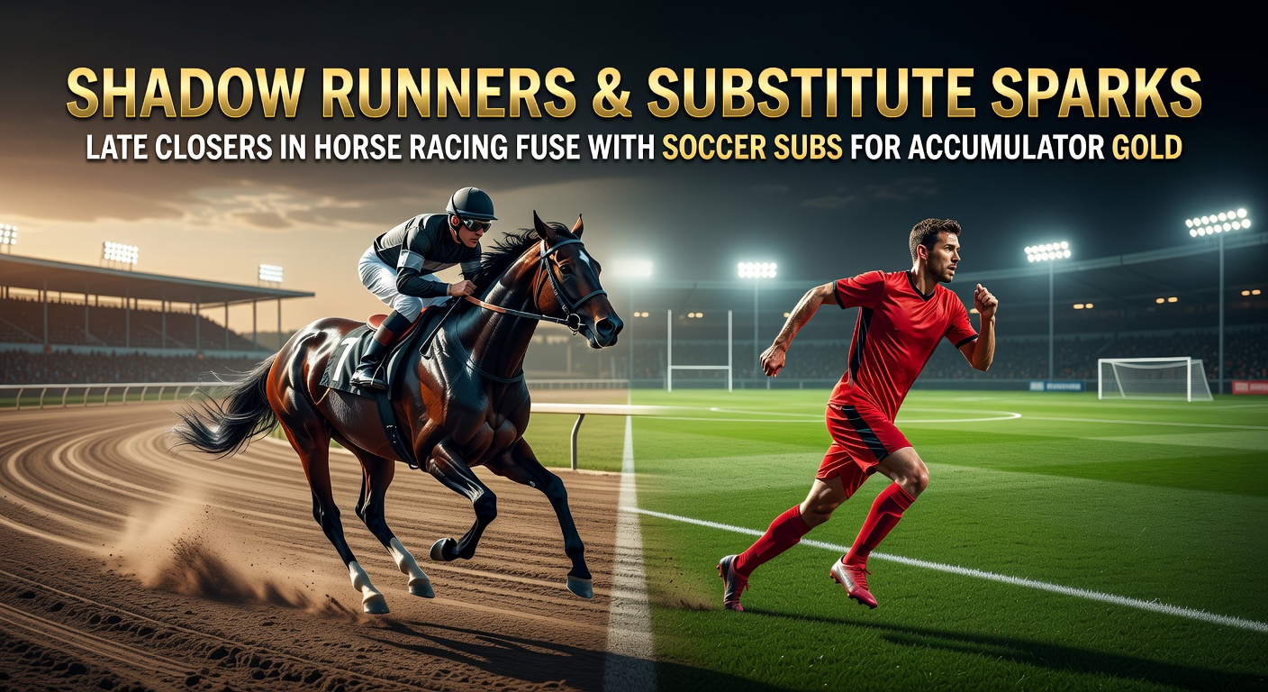 A shadowy horse surging from the back of the pack in a tight finish at twilight, mirroring the electric entry of a soccer substitute igniting a late comeback on a rain-slicked pitch