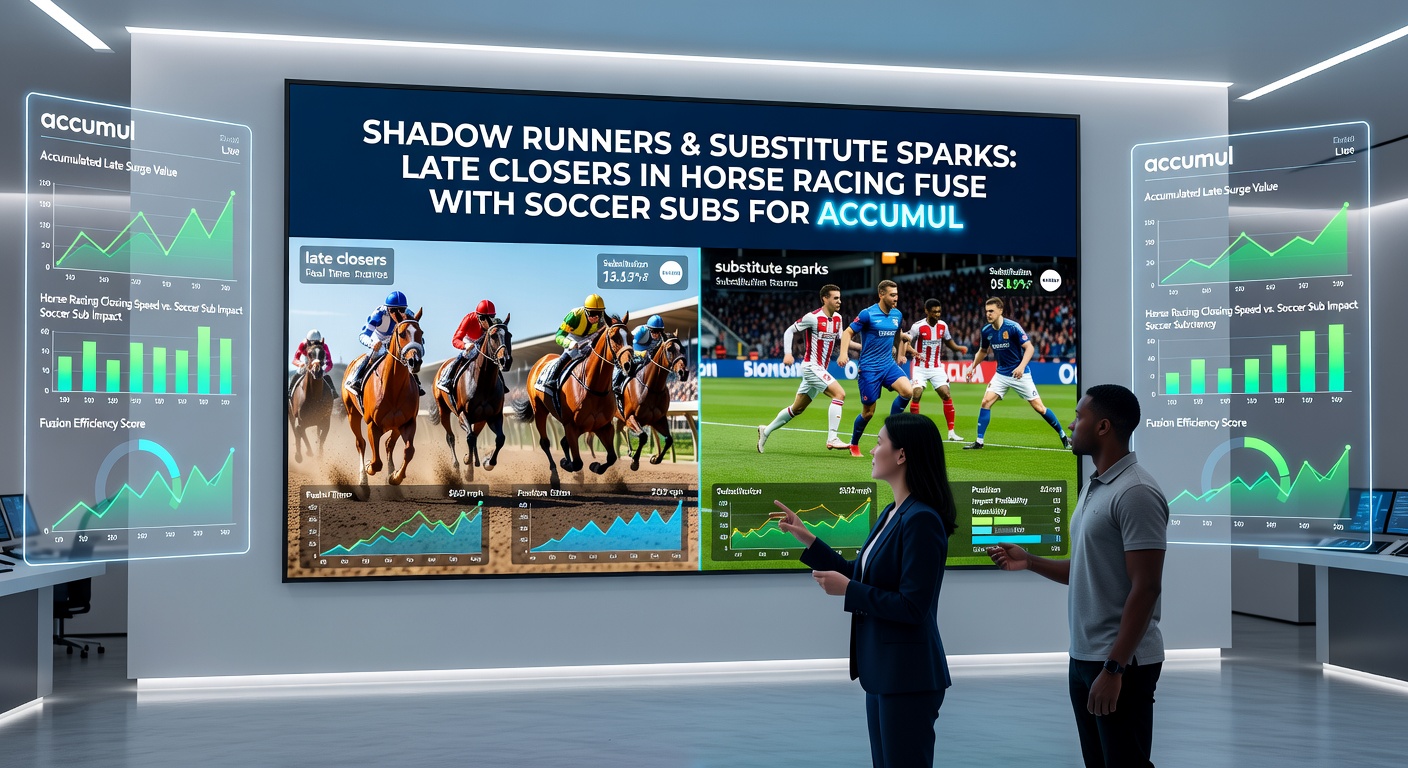 Split-image graphic showing a horse powering home late at Ascot while a soccer substitute wheels away in celebration after a 90th-minute equalizer, odds boards flashing accumulator multipliers in the background