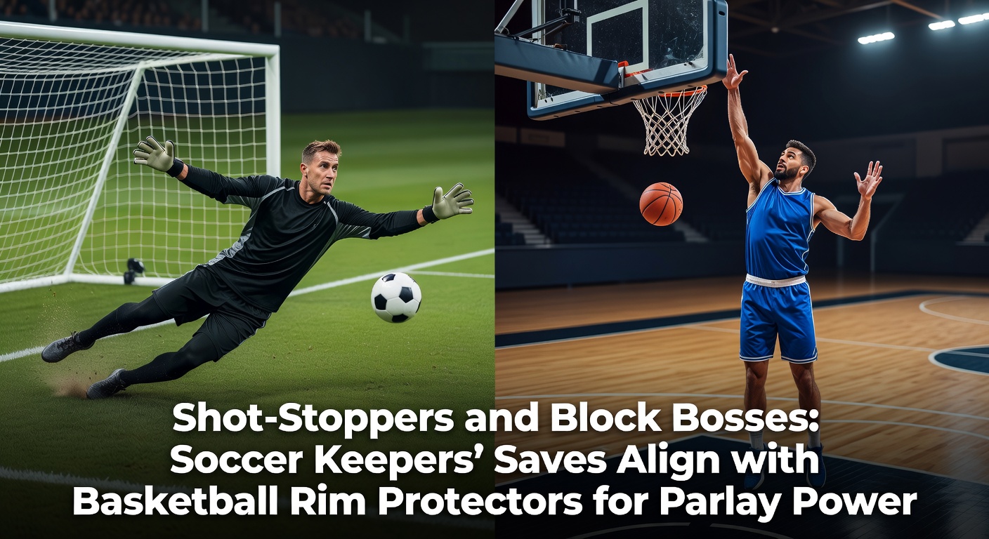 A soccer goalkeeper diving to block a powerful shot while a basketball center swats away a layup at the rim, highlighting defensive prowess in both sports