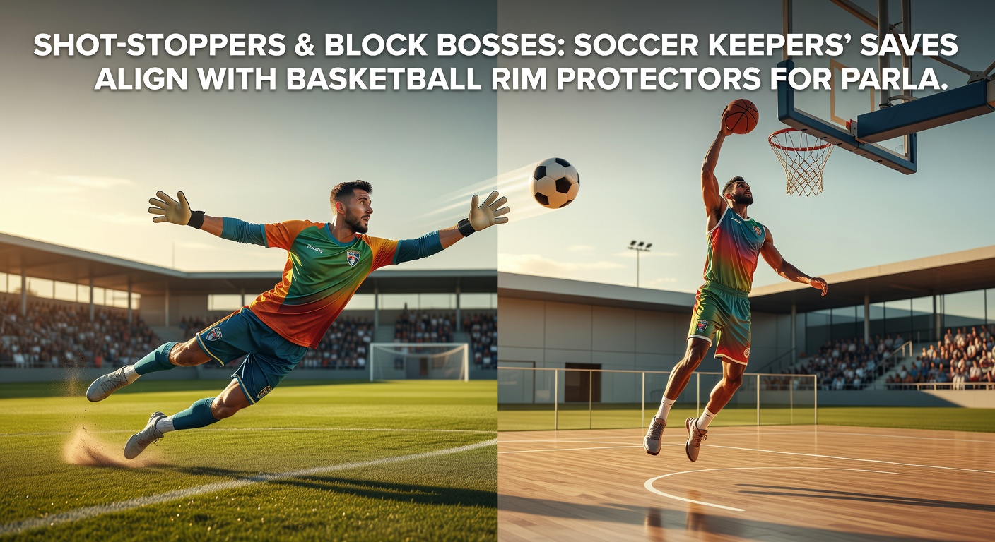 Split-image comparison of a soccer keeper's spectacular diving save and a basketball rim protector rejecting a dunk attempt, illustrating crossover defensive stats for betting