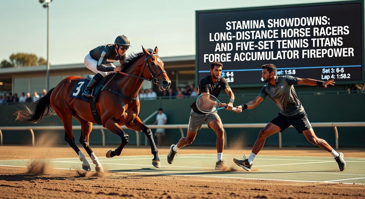 A powerful thoroughbred surging ahead in the closing stages of a grueling long-distance flat race, muscles straining under the weight of endurance demands