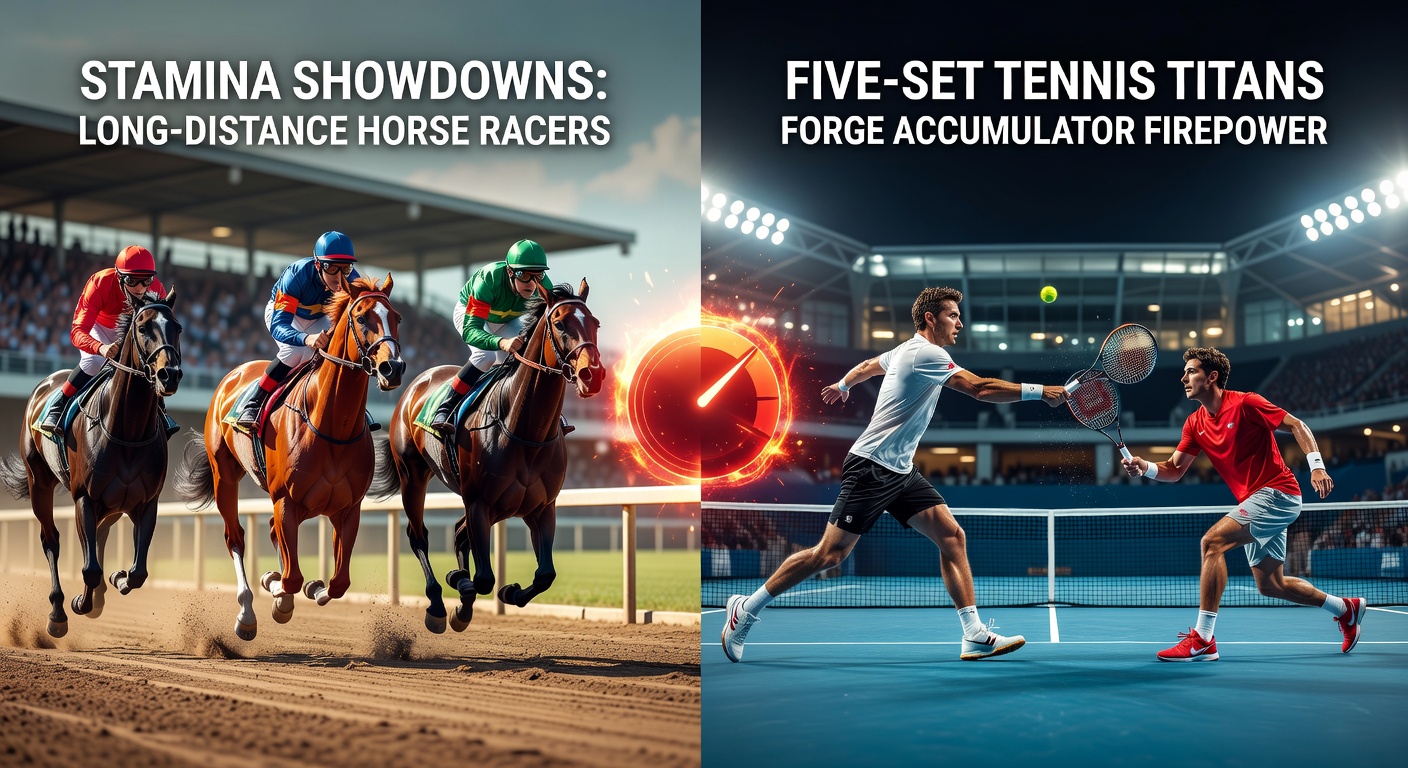 Two tennis players locked in an epic five-set duel on a sun-baked court, sweat pouring as they battle for every point in the final set