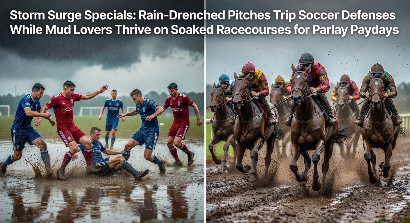 Soccer players struggling on a rain-soaked pitch during a match, with puddles and slips visible, highlighting defensive errors in wet conditions