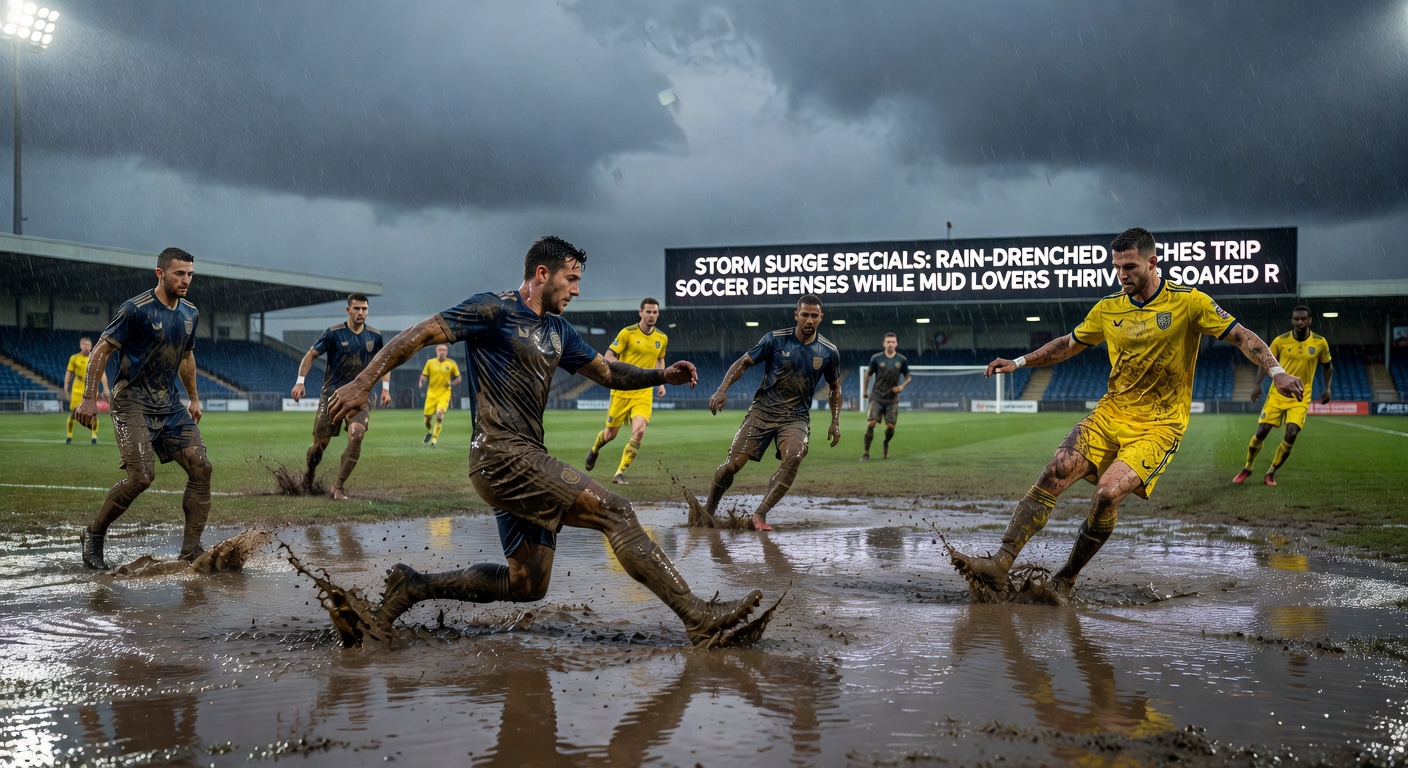 Horse racing on a muddy track under rainy skies, with a mud-splattered favorite pulling ahead in the final furlong, illustrating success for soft-ground specialists