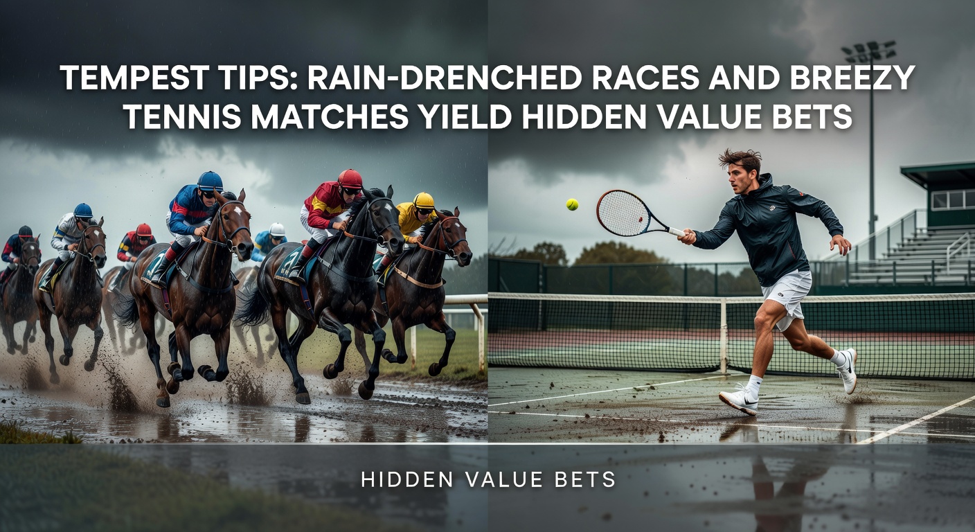 A horse racing track turned muddy under heavy rain, with jockeys navigating the slick surface during a intense race