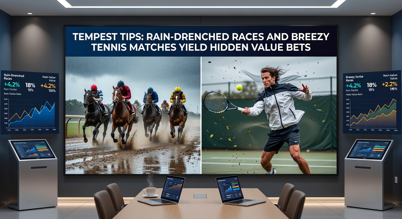 A tennis player serving against strong wind on an outdoor court, ball visibly curving mid-air during a competitive match