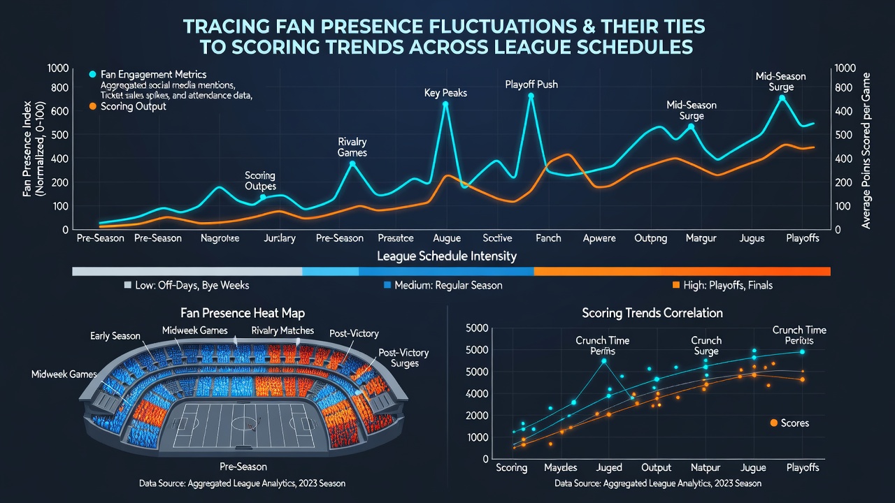 Line graphs comparing attendance percentages and scoring averages across football and basketball leagues from 2023 to 2026