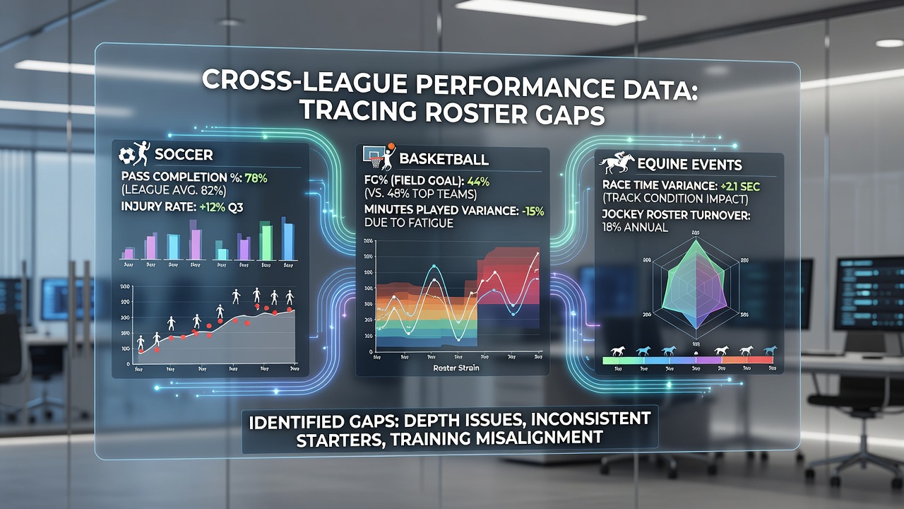 Performance data tables comparing soccer player tracking, basketball efficiency ratings and equine speed figures