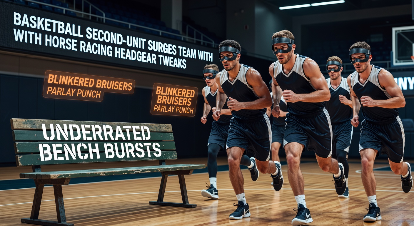 Dynamic scene of NBA bench players exploding off the sidelines during a key second-unit surge, overlaid with a close-up of a racehorse fitted with fresh blinkers charging down the stretch