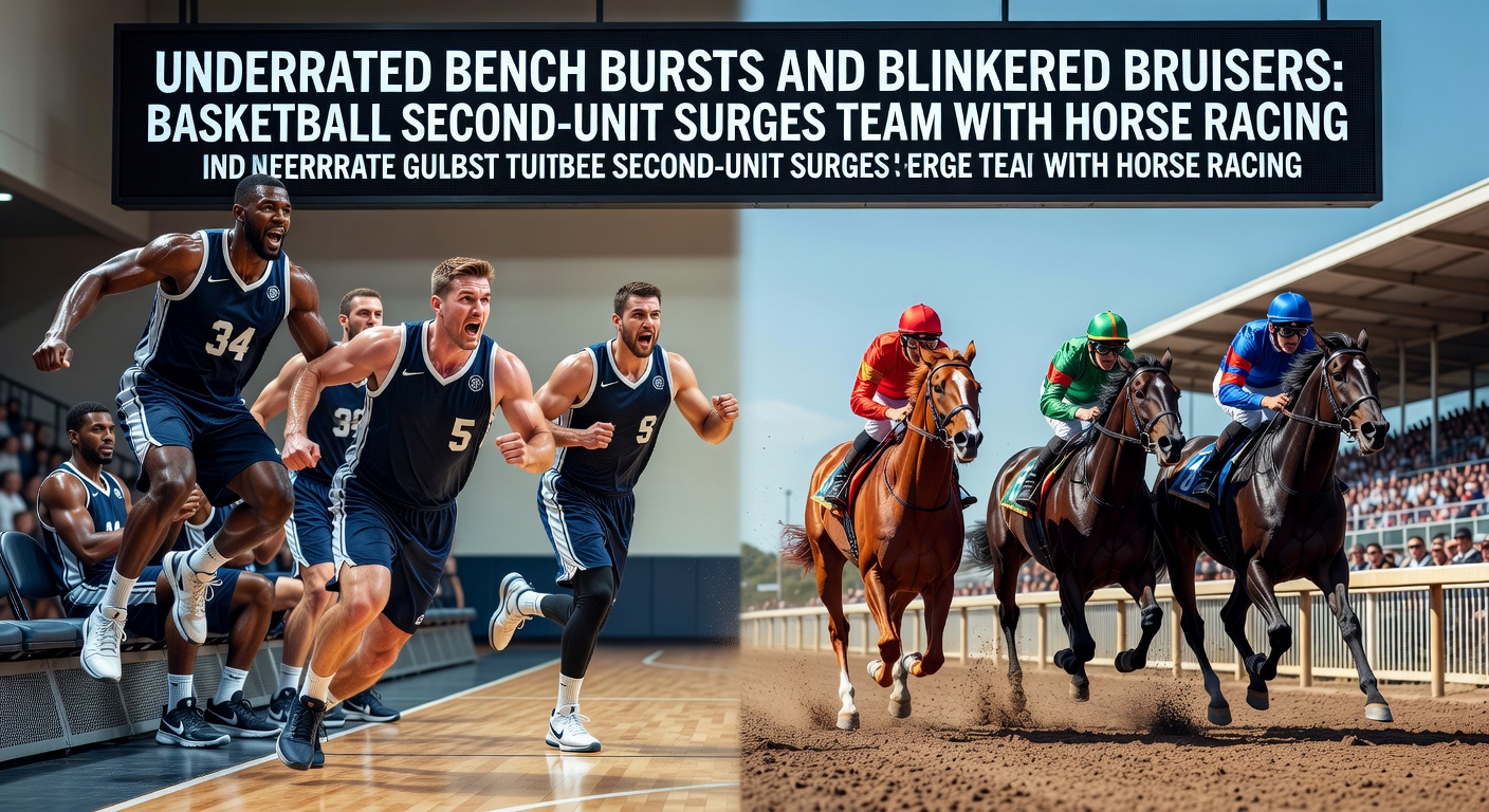 Split-image graphic comparing an NBA second-unit fast break with a blinkered horse powering through the final turn, highlighting parlay synergy