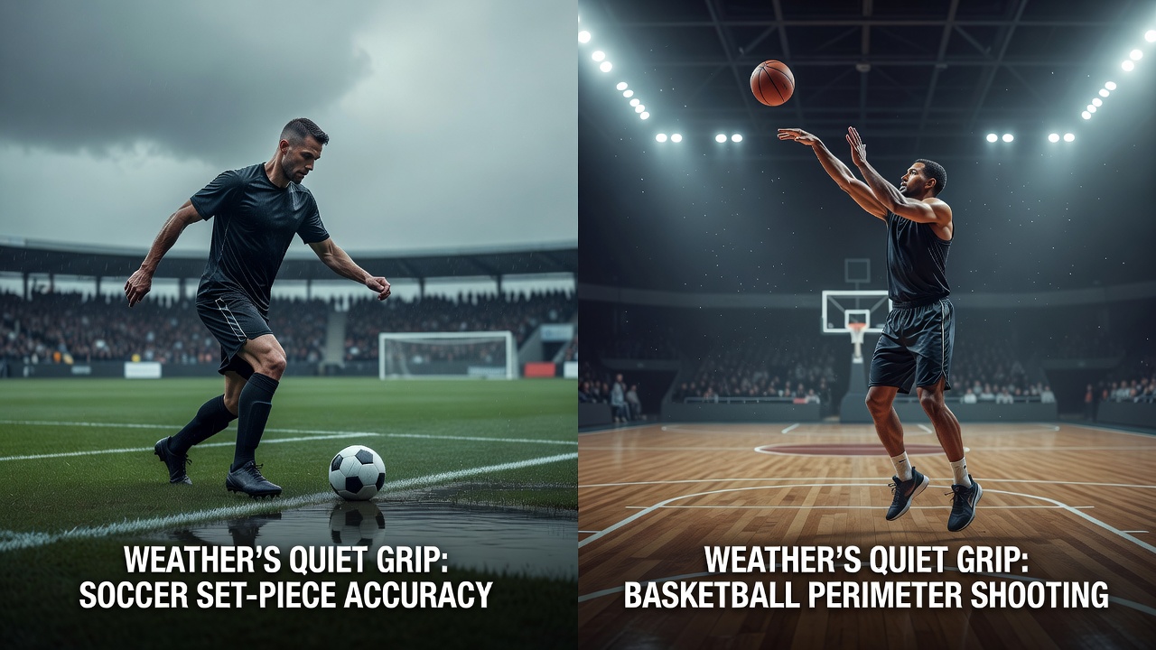 Basketball player taking a perimeter shot with wind visibly affecting ball path in an outdoor setting