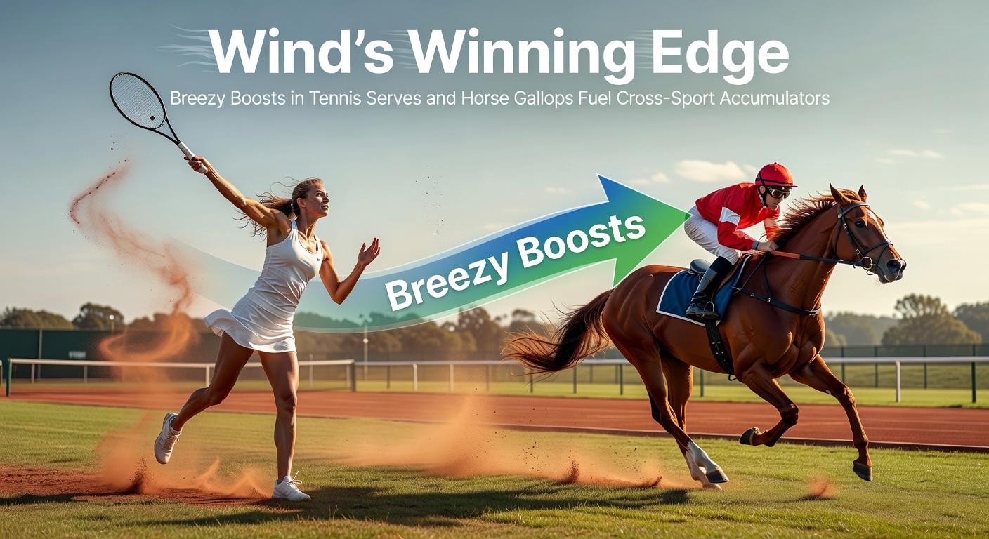 Tennis player serving powerfully into a tailwind on an outdoor court, with gusts visibly rippling the net; in the background, a horse gallops swiftly across a breezy track under open skies