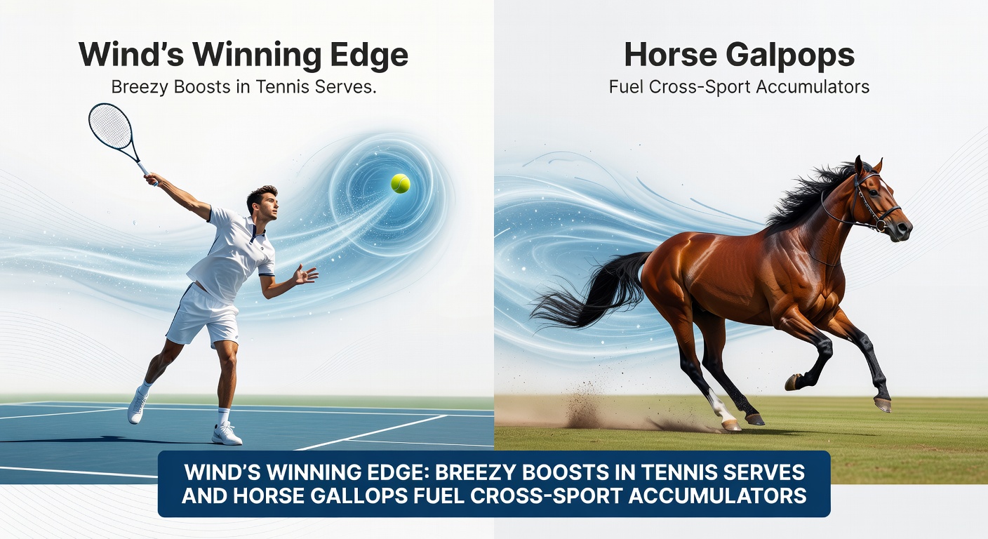 Horse surging forward in a tailwind during a gallop on a sunlit turf track, mane flowing back dramatically; inset shows a tennis serve captured mid-flight, distorted by visible wind shear