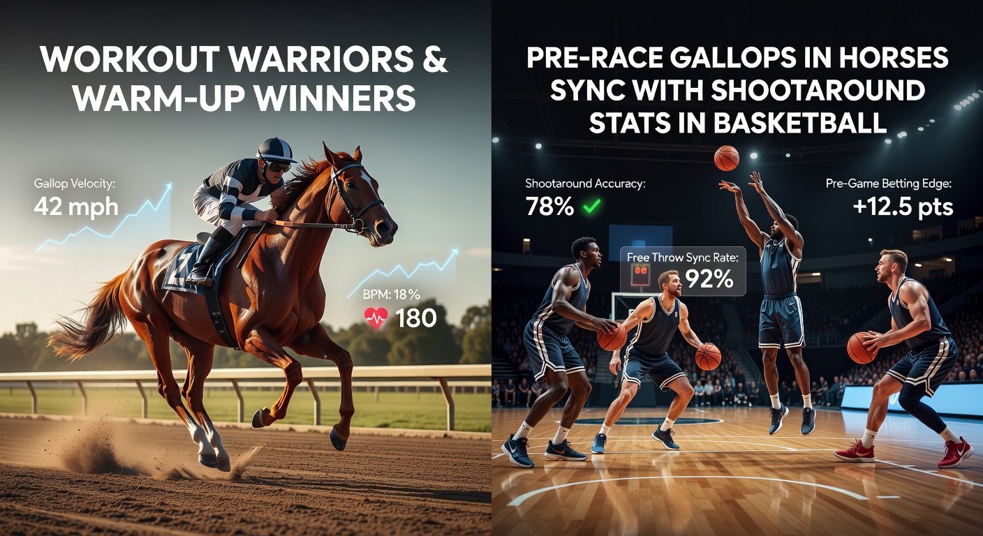 A sleek racehorse powering through a pre-race gallop workout under sunny skies, muscles rippling as trainer watches intently; inset shows NBA players drilling shots during a team shootaround
