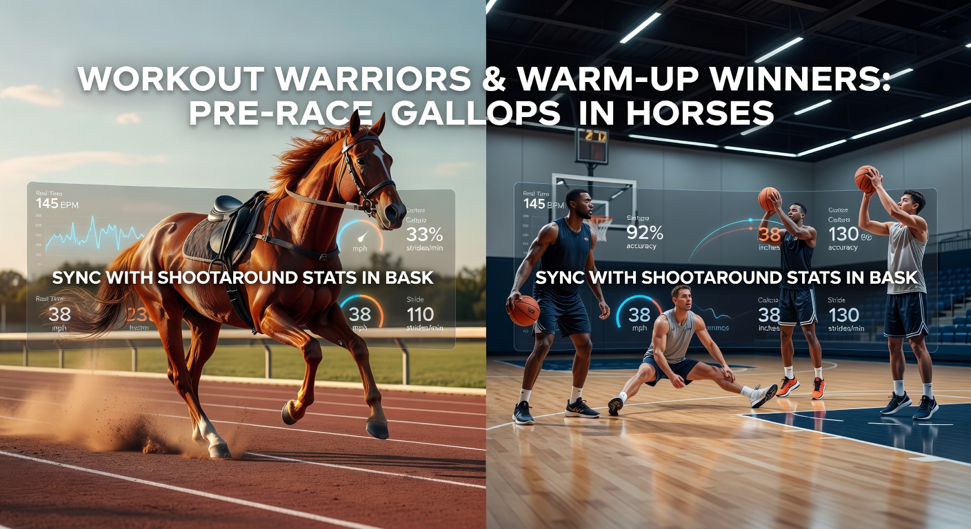 Dynamic split-image: basketball player sinking a warm-up three-pointer mid-leap alongside a horse charging full gallop in pre-race workout, evoking synced athletic precision